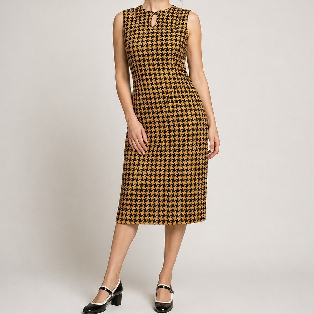 Vintage 60s Mod Houndstooth Linen‎ Shift Dress ILGWU Mustard Black Womens M